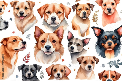 Seamless doodle watercolor cute dogs, colorful animals pattern