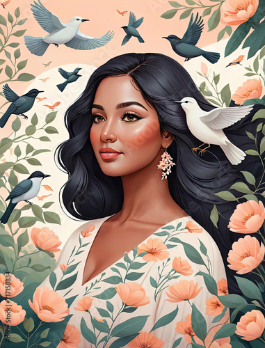 Modern flat close-up portrait of a plus-size very dark-skinned South Asian adult woman surrounded by nature, birds, and floral vines Gen AI photo
