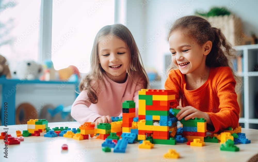 Two Young Girls Engaged in Creative Play With Colorful Building Blocks Indoors Two Young Girls Engaged in Creative Play With Colorful Building Blocks Indoors