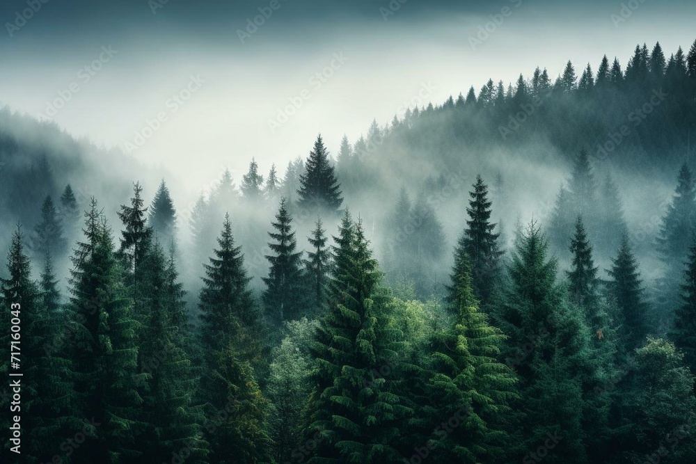 A misty forest with trees covered in fog, featuring tall pine trees in the distance. Generative AI