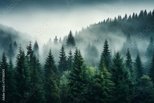 A misty forest with trees covered in fog, featuring tall pine trees in the distance. Generative AI © William