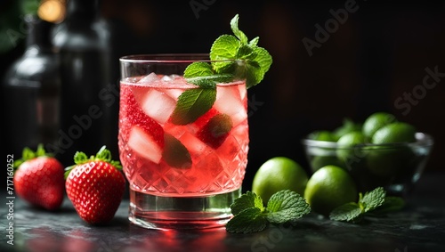 cocktail, Iced strawberry juice with strawberry pieces and lemon on abstract background. drink