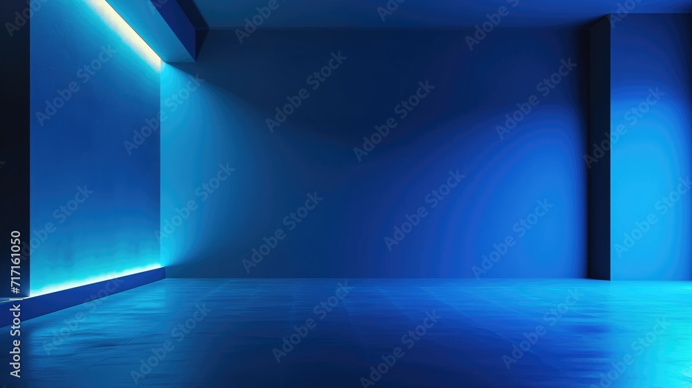 Blue neon lights in a dark room casting a glow on walls and floor Blue neon lights in a dark room casting a glow on walls and floor