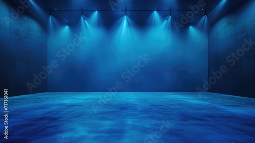 Empty blue stage with lighting and smoke effects