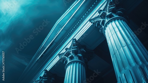 Blue-toned columns and entablature of a neoclassical building photo