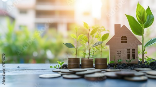 House model with coins and growing plants on a table against a blurred building backdrop photo