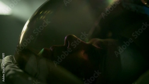 Epic close up of astronaut in rattling shuttle