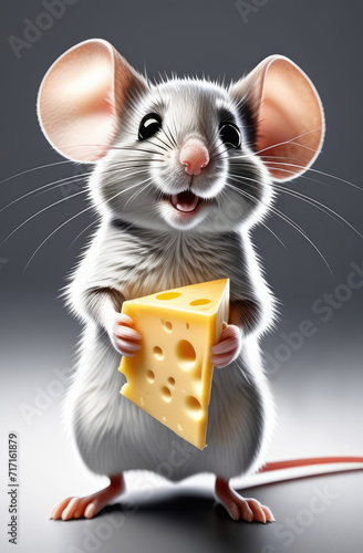 cute smiling mouse with big ears holding piece of cheese on grey background, funny character.