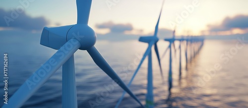 Close-up 3D rendering of an ocean wind farm for sustainable and clean energy production.