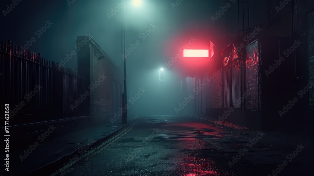 Mysterious and Atmospheric Night Scene of a Deserted Street Illuminated by Streetlights, Shrouded in Fog
