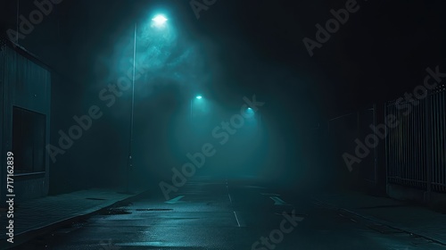 Mysterious and Atmospheric Night Scene of a Deserted Street Illuminated by Streetlights, Shrouded in Fog