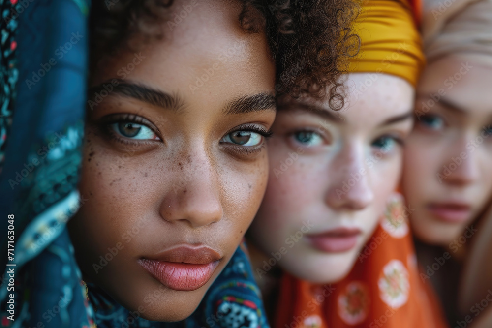 Portrait of Multicultural Women with Colorful Headscarves