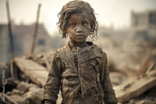 A portrait of a poor beggar boy with dirty face, Ai Generated