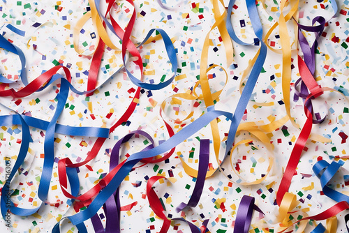 Colorful streamers and confetti scattered over a surface, suggesting a celebration or party atmosphere.