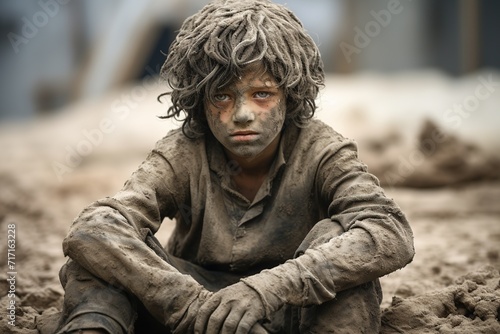 A young boy Sitting in the ruins of a destroyed building, Ai Generated