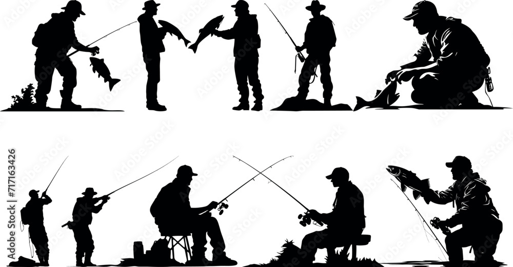 fisherman fishing silhouette. fish chub, Fish and fishing rod. carp fish, great set collection clip art Silhouette , Black vector illustration on white background . - obrazy, fototapety, plakaty 