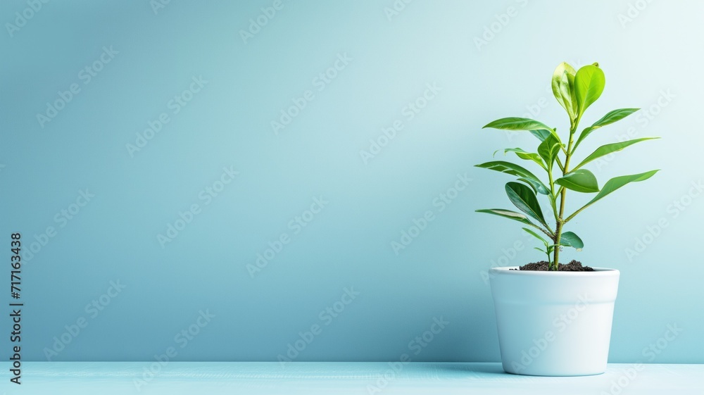 Potted plant on blue background symbolizing growth and simplicity Potted plant on blue background symbolizing growth and simplicity