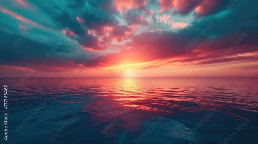 Stylized ocean sunset with dramatic clouds and vibrant colors
