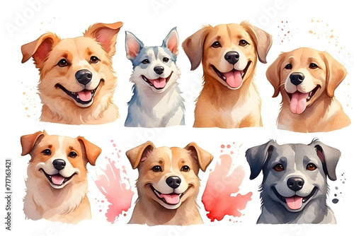Watercolor doodle of dog types faces on white background © W2GO