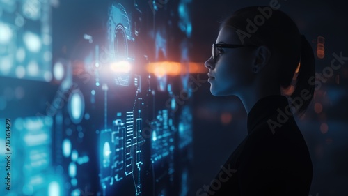 Profile of a woman with high-tech data visualization overlay photo