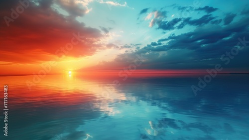 Sunset over calm ocean with vibrant red and blue sky