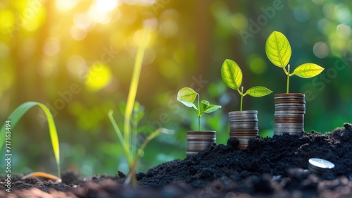 Saplings growing on piles of coins in soil, indicating investment growth