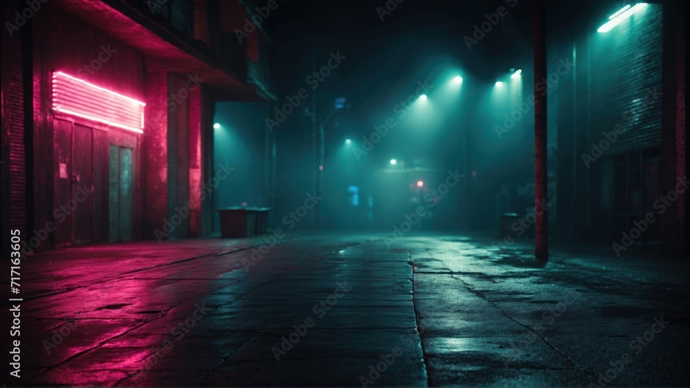 Wet asphalt, reflection of neon lights, a searchlight, smoke. Abstract light in a dark empty street with smoke, smog. Dark background scene of empty street, night view, night city. generative, ai.