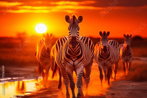 Golden hour scene. majestic zebras roaming freely in the vast african savannah with serene beauty