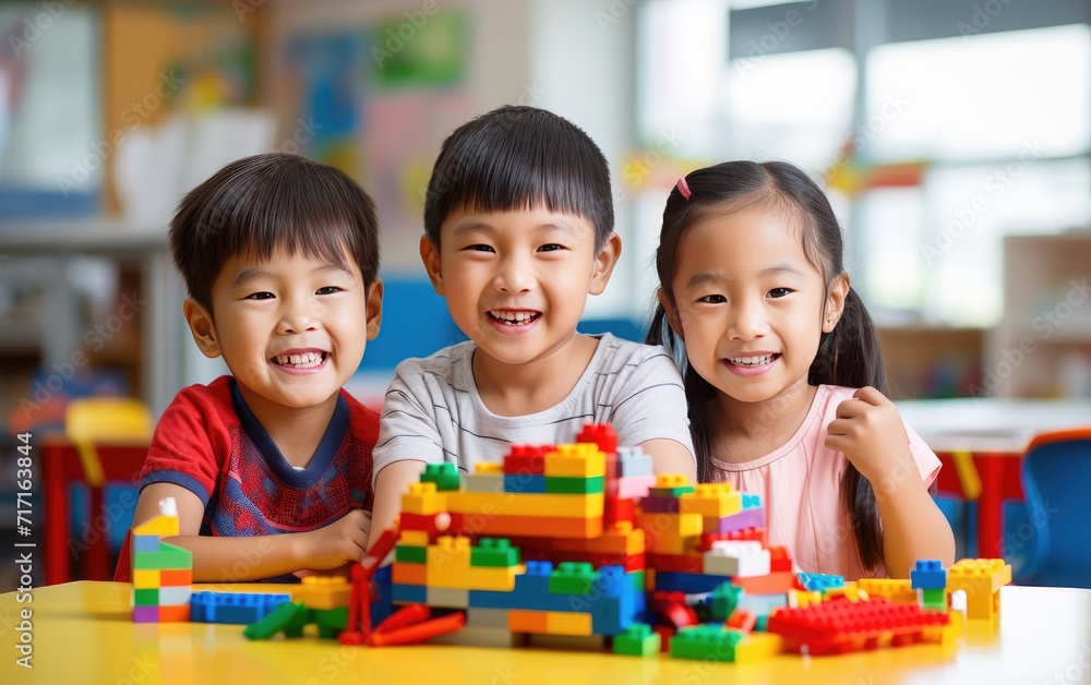 Three Young Children Engaged in Creative Play With Colorful Building Blocks Indoors Three Young Children Engaged in Creative Play With Colorful Building Blocks Indoors