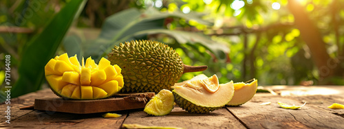 Fresh tropical jackfruit in a box on a wooden table photo