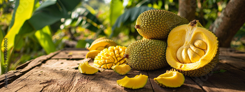 Fresh tropical jackfruit in a box on a wooden table