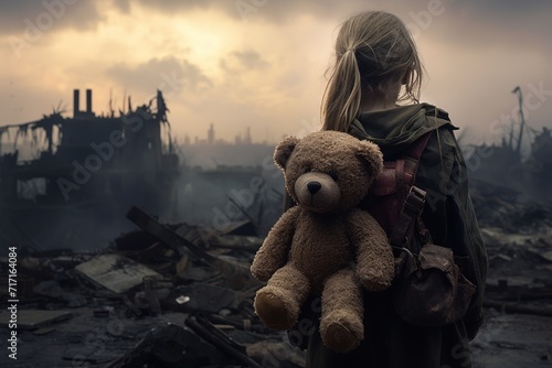 Girl in a military uniform with a teddy bear on the background of the destroyed city, Ai Generated