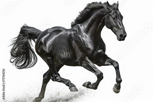Sleek Silhouette  A Striking Black Horse Captured in Full Sprint Against a Stark White Backdrop  Generative AI