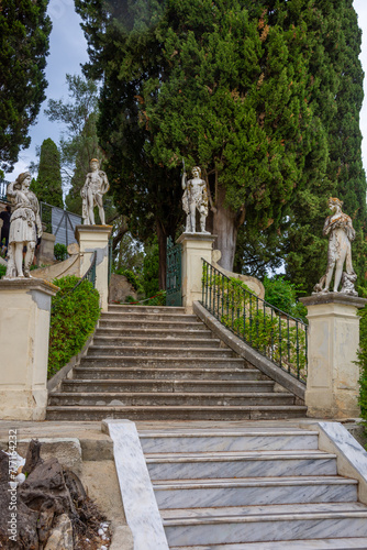Sculptures of the park of Achilleion (named after Achilles) palace of Empress of Austria Elisabeth of Bavaria, in Gastouri, Corfu, Greece on June 14 2015