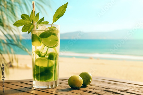 mojito cocktail on beach, fresh summer holidays