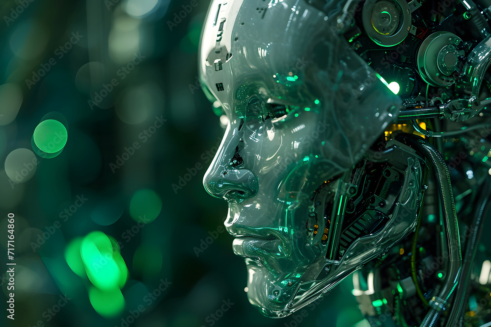 custom made wallpaper toronto digitalA close up of a robotic head, dark green and silver, bokeh