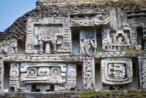 Mayan ruins and stone carvings at the XUNANTINICH (Stone Lady) Mayan Temple in Belize Central America. 