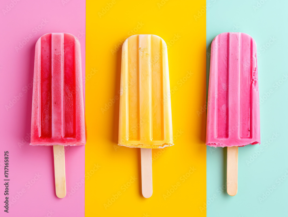 Trio of pastel-coloured popsicles on a multicoloured background. Trio of pastel-coloured popsicles on a multicoloured background.