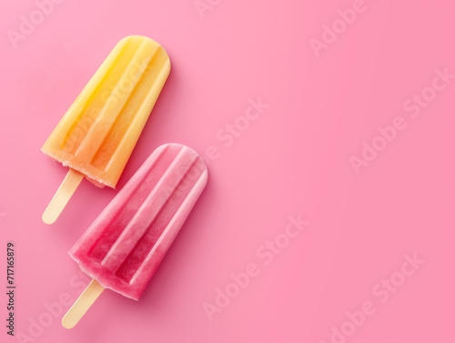 Yellow and pink popsicles on a bright pink backdrop. © Jan
