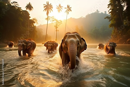 Photo Magnificent asian elephants bathing gracefully in a picturesque jungle waterfall