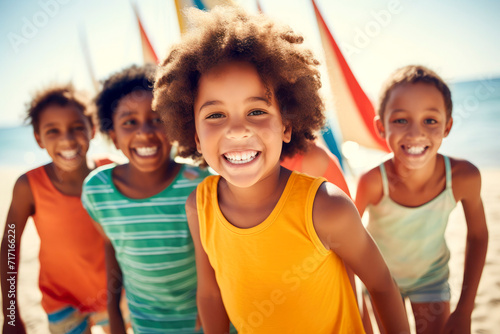 Group of friends, boys and girls playing at the beach, summertime and vacation concept