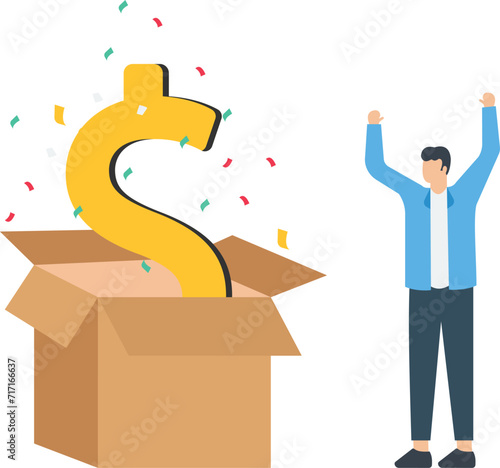 Financial consultant leaning on a stack of coins smiles friendly and waves with hand. Successful investor or entrepreneur. Financial consulting, investment and savings. Modern vector illustration.
