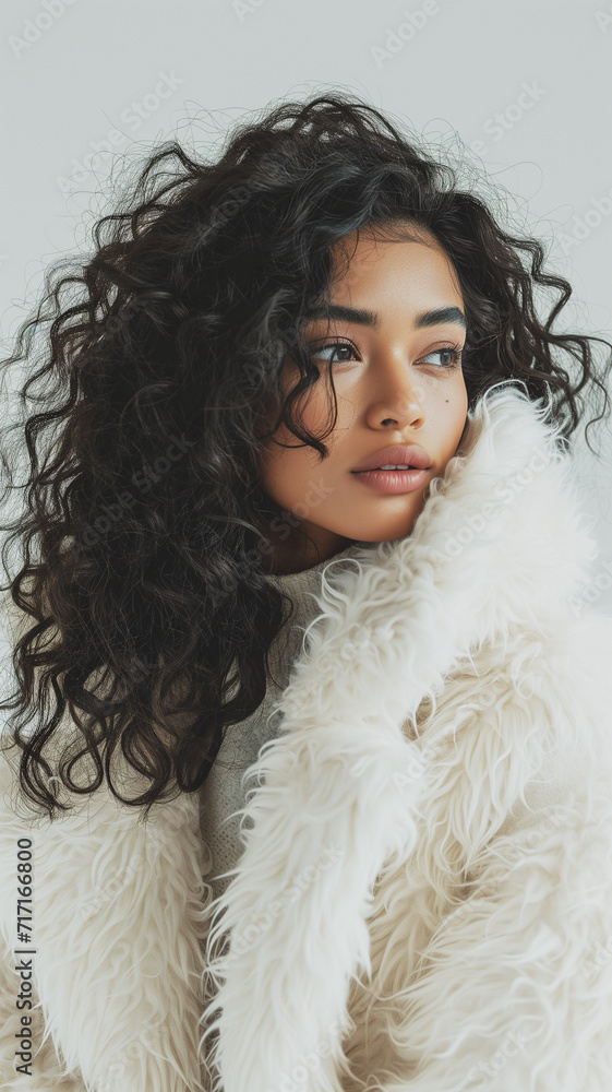 stylish beautiful woman in beige fluffy coat stylish beautiful woman in beige fluffy coat