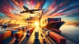 The image is a vivid portrayal of transport modes at sunset, featuring an airplane in descent, a cargo ship, and trucks on a highway, all under a spectacularly painted sky.