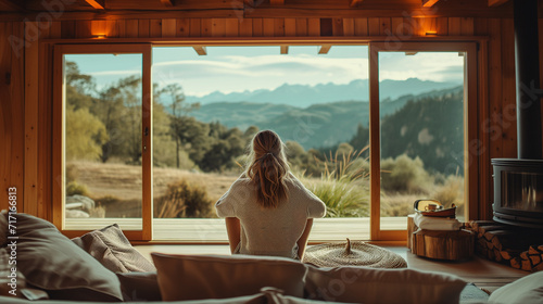 woman sitting near the panoramic window and having a rest