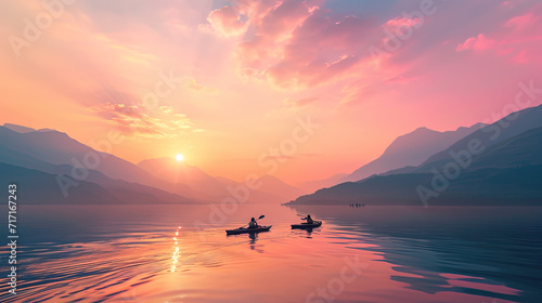 silhouette of a person in a boat - sunet in the sea or river photo