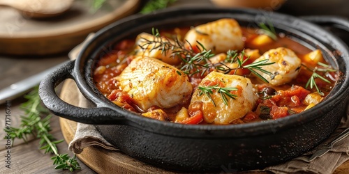 Matelote Brilliance: French River Fish Stew Unveiled. Dive into the Culinary Symphony of Fresh Fish and Rich Wine Sauce. Capture the Charm in a Rustic Kitchen with Soft Lighting