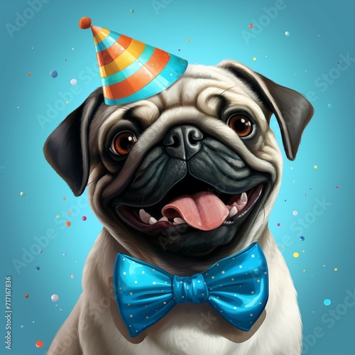 Cute smiling pug wearing a festive bow tie and birthday cap. Cheerful friendly dog.