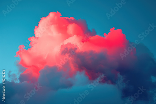 A cloud that is made of medical cotton wool and illuminated in red. The abstract background is the texture of the blue sky