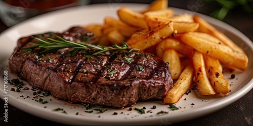 Steak-Frites Brilliance: French Bistro Classic. Immerse in the Symphony of Juicy Steak and Crispy Fries. Picture the Culinary Harmony in a Classic Bistro Setting with Soft Lighting
